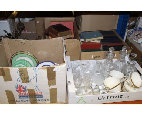 A box of various cut glassware to include two mallet shaped decanters, two square decanters, ship's decanter, various wines, 