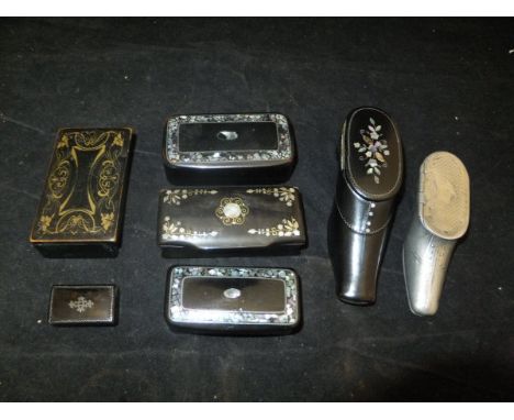 A collection of various 19th Century papier-mache mother of pearl inlaid and other snuff boxes of rectangular form, together 