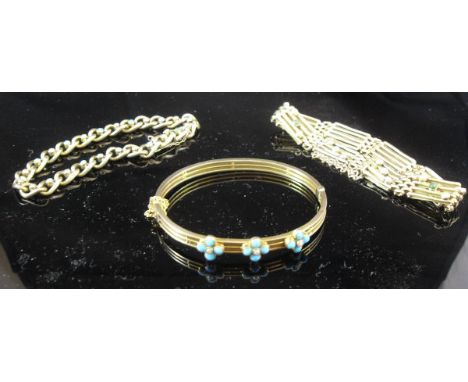 Two 9 carat gold pearl and turquoise set fancy link bracelets, together with a 9 carat gold turquoise and pearl set bangle CO