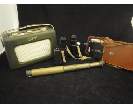 An Enbeeco of London cub 18 x four draw telescope, a pair of Taylor & Hobson circa 1943 bino prism No.2 MK 3 binoculars, a vi