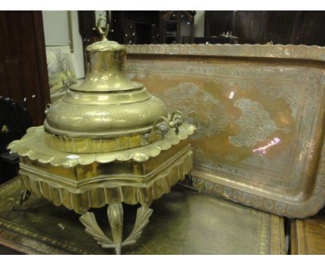 A mid 20th Century Turkish brass brazier of ornate form (purchased Istanbul 1960's) and a middle-eastern, probably Persian, e