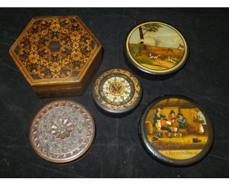 A collection of three 19th Century papier-mache circular snuff boxes, one with pheasant shooting scene to lid, the other a Po