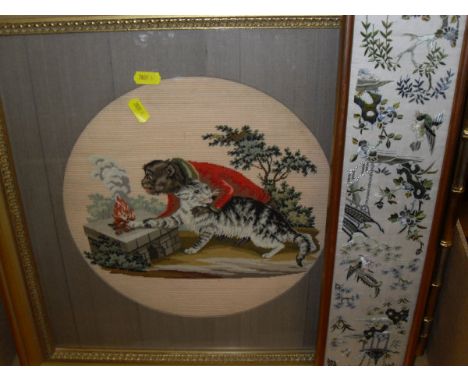 ENGLISH SCHOOL "Monkey and cat", woolwork needlework study, unsigned, together with  CHINESE SCHOOL "Exotic birds and flowers
