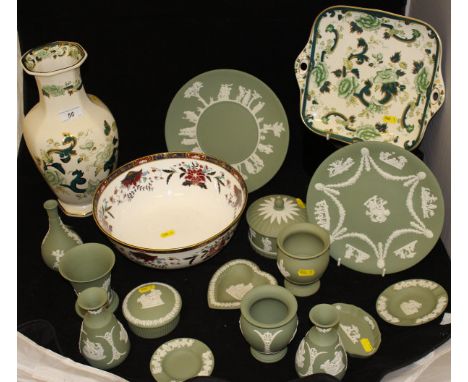 A collection of Wedgewood green Jasper ware pottery, a Mason's "Chartreuse" vase and dish and a Royal Worcester "Prince Regen