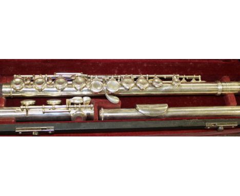 A silver plated "Jupiter" flute by K H Musical Instrument Co Ltd cased with leatherette carrier