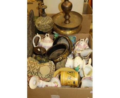 A box of various Victorian china wares, Indian copper, brass and white metal wall plate, Indian brass lamp section, a pair of