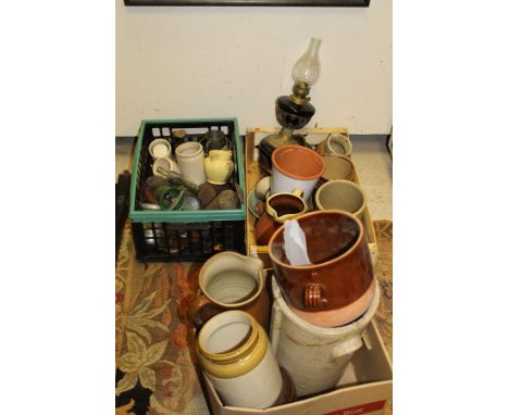Three boxes of sundries to include various pottery, oil lamp, etc