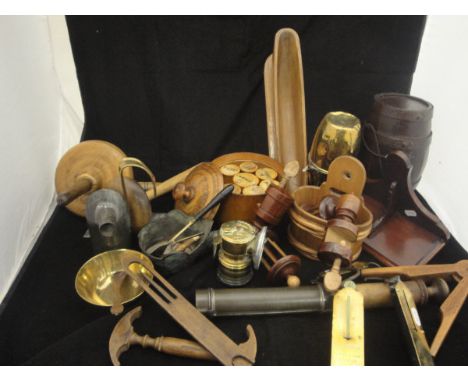 A box of various treen and metal wares to include sherry barrel, Scandinavian style salt box, wash dolly, Premier lamp, wool 