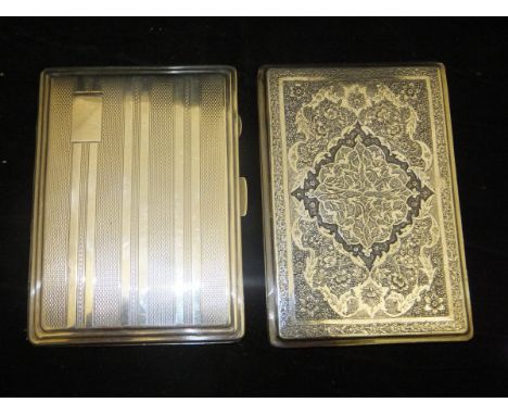 A George VI silver cigarette case with engine turned decoration (Birmingham, 1943), together with a white metal cigarette cas