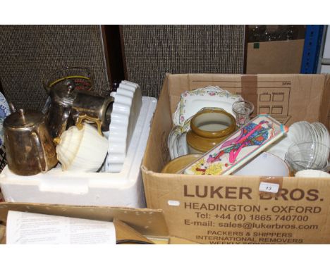 Two boxes of various china and glassware, pair of Leak speakers and an amplifier, pair towel rails - one painted, Lloyd loom 