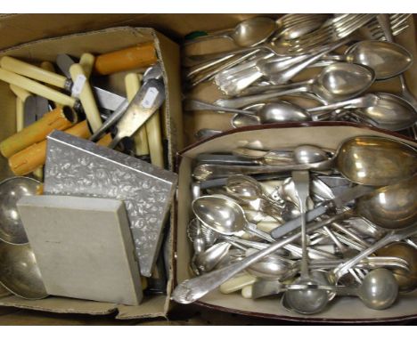 A box of assorted plated cutlery to include ladles, serving spoons etc, together with a box containing assorted cased cutlery