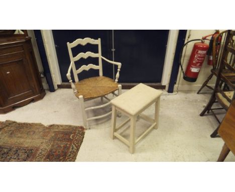 A painted ladder back elbow chair  with rush seat together with a similarly painted splat back dining chair, five assorted wa