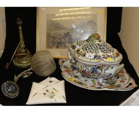 A Bassano pottery wall pocket, a Continental polychrome decorated pottery tureen, cover and stand (French Moustiers Ste Marie