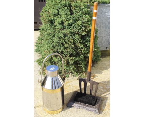 A wooden-handled iron four pronged fork, boot brush / scrape and a brass mounted stainless milk churn*