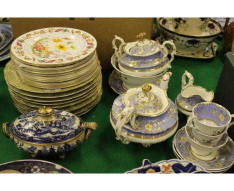 A Rockingham style part tea set, Victorian "Willow" pattern blue and white sauce tureen cover and ladle, a set of twelve Roya