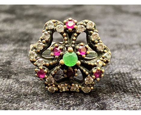 Indian Silver Ring, set with small stones of emerald, rubies and topaz.  