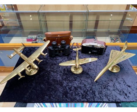 Three Brass Model Desktop Airplanes comprising Concorde, Lancaster Bomber &amp; Spitfire, longest 14'', together with a Wray 