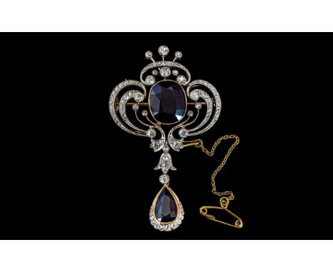 Antique Period Stunning Ladies 18ct Gold and Platinum Diamond and Sapphire Set Brooch with Drop and Attached Safety Chain, Wo