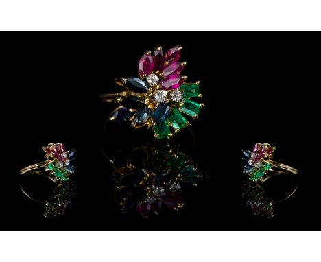 18ct Gold Superb Emerald &amp; Diamond, Ruby and Sapphire Set Dress Ring, in flower head design.  Marked 750 - 18ct to interi