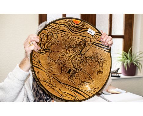 Poole Pottery 16'' Charger 'Aegean', 1970's large Poole pottery Aegean charger decorated with Knight on horseback by Diana Da