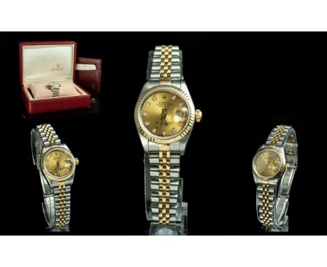 Rolex - Oyster Perpetual Date-Just Ladies 18ct Gold and Steel Chronometer Wrist Watch. Features Champagne Dial with Diamond S