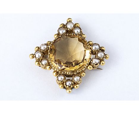 Antique Period Attractive 18ct Gold Citrine and Seed Pearl Star Form Brooch, c1850s, not marked but tests gold, the large, fa