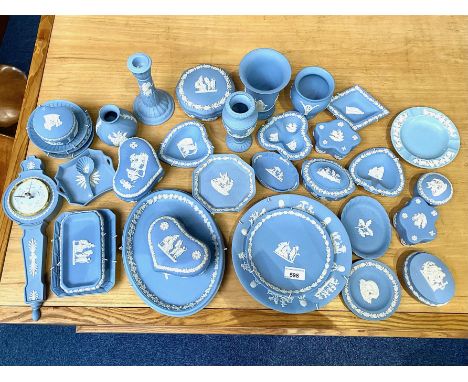 Quantity of Wedgwood Blue Jasperware Porcelain, approx 35 pieces, comprising  cabinet plates, a barometer, five assorted vase