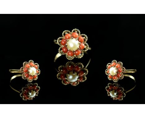 Ladies - Attractive 9ct Gold Coral and Pearl Set Ring. Flower head Design. Full Hallmark to Interior of Shank. Ring Size M. W