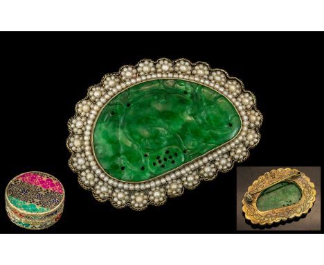 Antique Period Superb Chinese Export Carved Jade &amp; Seed Pearl Set Brooch.  with silver marked to back of brooch and Chine