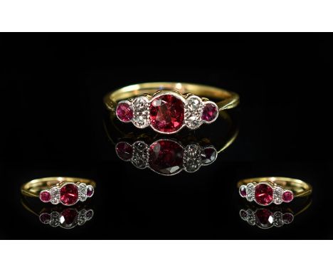 18ct Gold and Exquisite Ruby and Diamond Set Dress Ring. c.1920's. Marked 18ct and Platinum. Rubies of Superb Colour. Ring Si