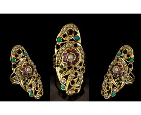 Ladies 18ct Yellow Gold Handmade Multi-Stone Set Statement Ring of Elongated Design, Set with Rubies, Emeralds, Seed Pearls a