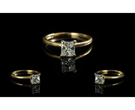 18ct Gold - Superb Quality Single Stone Rectangular Modified Brilliant Cut Diamond Set Ring. Colour Grade ( Near Colourless )