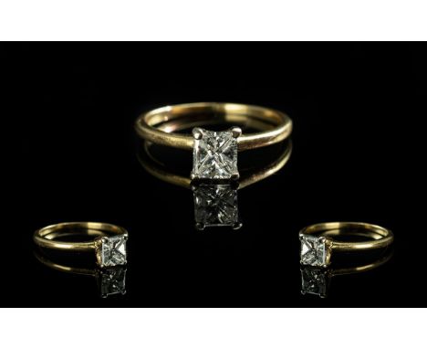 18ct Gold - Superb Quality Single Stone Rectangular Modified Brilliant Cut Diamond Set Ring. Colour Grade ( Near Colourless )