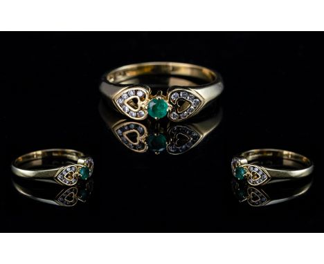 18ct Gold Emerald and Diamond Ring, lovely design with the diamonds set in a heart shape; fully hallmarked for 18ct, ring siz