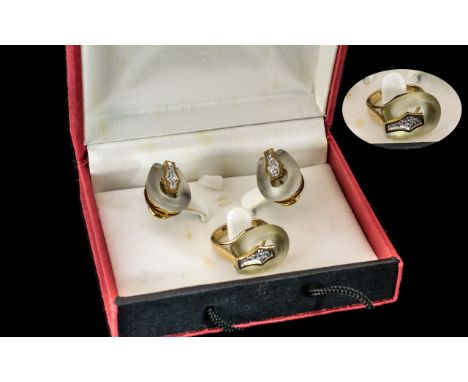 Set of - 14ct Gold Rock Crystal &amp; Diamond Set Earrings &amp; Ring. Earrings ( Clip ) All Stamped 14ct. 