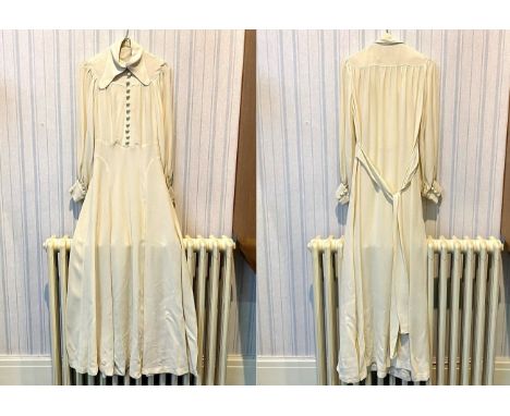 1970's Ossie Clark for Radley Long Crepe Dress, long sleeves, covered button front.  Worn as a wedding dress in 1972, beautif