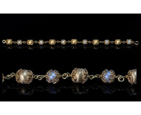 18ct Gold and Pearl Set Bracelet, Marked 18ct - 750, Ornate Well Crafted Bracelet, ' Bauble ' Design, Expensive Retail. Weigh