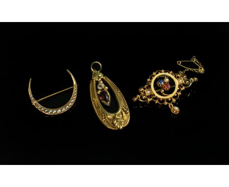 Antique Period Fine Trio of 18ct and 15ct Stone Set Brooches - Pendant. Comprises 1/ 18ct Brooch Set with Sapphire, Ruby, Pea