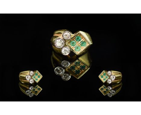 18ct Gold - Superb Emerald and Diamond Set Dress Ring, Marked 18ct to Interior of Shank. The Pave Set Semi-Cushion Cut Diamon