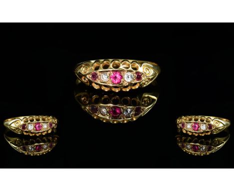 Edwardian Period 1902 - 1910 Attractive 18ct Gold Ruby and Diamond Ring, Gallery Setting. Hallmark Chester 1906. Rubies and D