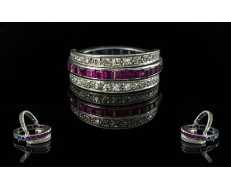 18ct White Gold - Quality Sapphire and Diamond Ring, Which Flip Over to Make a Ruby and Diamond Set Ring. Two Rings In One. M