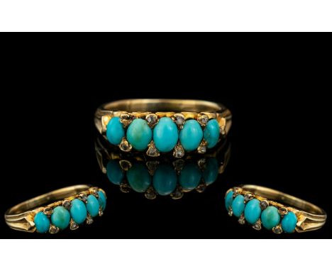 18ct Gold Antique Ring, set with five oval Turquoise between rose cut diamond spacers (one missing), unmarked tests 18 ct.