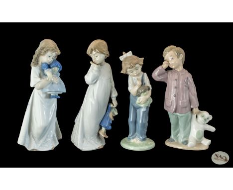 Four Nao Figures, depicting children with their toys, comprising a girl with a clown, and boy with a teddy, a girl with a dol