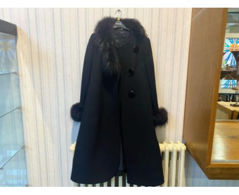 Vintage Black Wool Coat, with faux fur trim, button fastening, faux fur to collar and cuffs, knee length, in superb condition