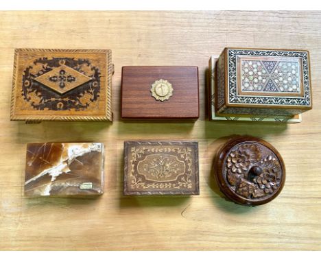 Collection of Wooden Boxes, including a musical box inlaid with mother-of-pearl, measures 7'' x 3.5'' and plays 'La Veuve Joy