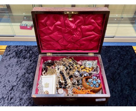 A Victorian Walnut Hinged Box with inlay, containing a quantity of low value costume jewellery, to include beads, pendants, c