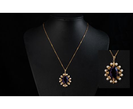 Antique Period - Attractive 9ct Gold Smoky Topaz and Pearl Set Pendant, of Pleasing Design. Attached to a 9ct Gold Chain. Mar