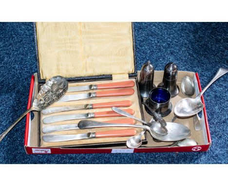 Collection of Silver Plate Items. Includes Boxed Set of 6 Knives with Salmon Colour Handles In Original Box, 3 Piece Cruet Se