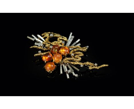 A Superb Ladies 14ct Gold 1960's Retro Fire Opal and Diamond Set Brooch. Superb Design. Marked 585 - 14ct. The Fire Opals of 