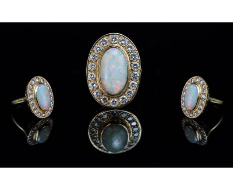 Ladies 18ct Gold Superb Quality Large &amp; Impressive Opal &amp; Diamond Set Ring - Marked 18ct to Shank. The Oval Shaped Op